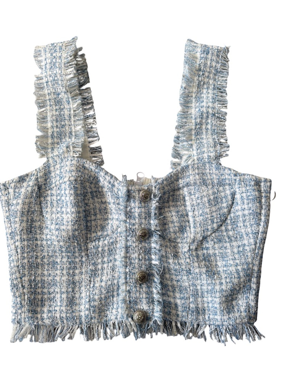 Zara Light Blue and White Tweed Cropped Tank with Frayed Straps